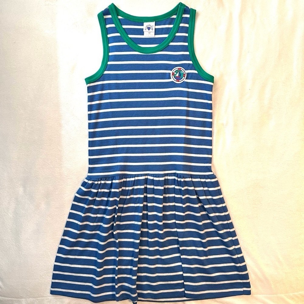 Vintage Hartstrings Sailboat Patch Nautical Blue Wht Striped Tank Dress Girls 12